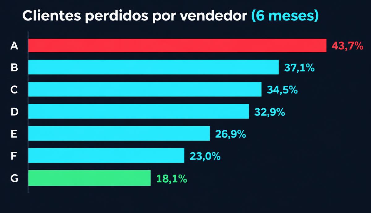 Gráfico de barras com a perda de clientes de cada vendedor, de 43,7 % a 18,1 % em seis meses