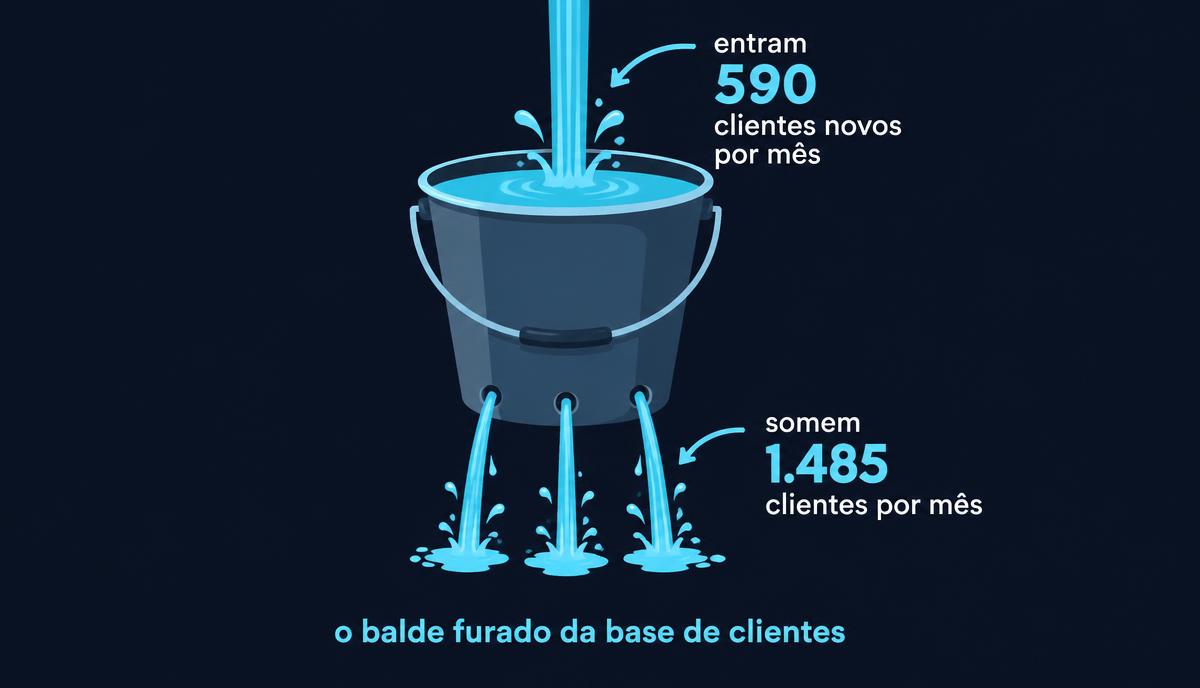 Balde furado: entram 590 clientes novos por mês e somem 1.485 pelos furos
